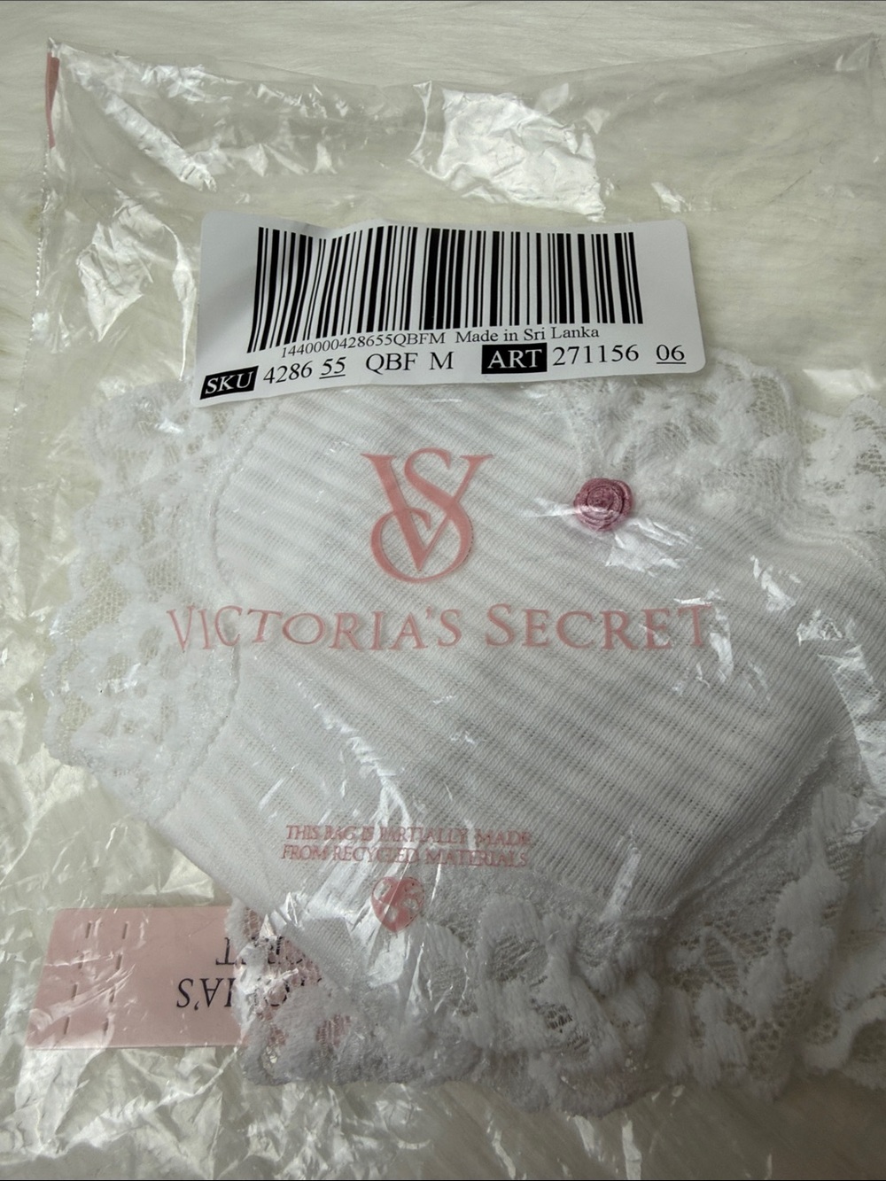 NWT Victoria's Secret White Cotton Sheer Stripe & Lace Thong with Pink Rose Sz M